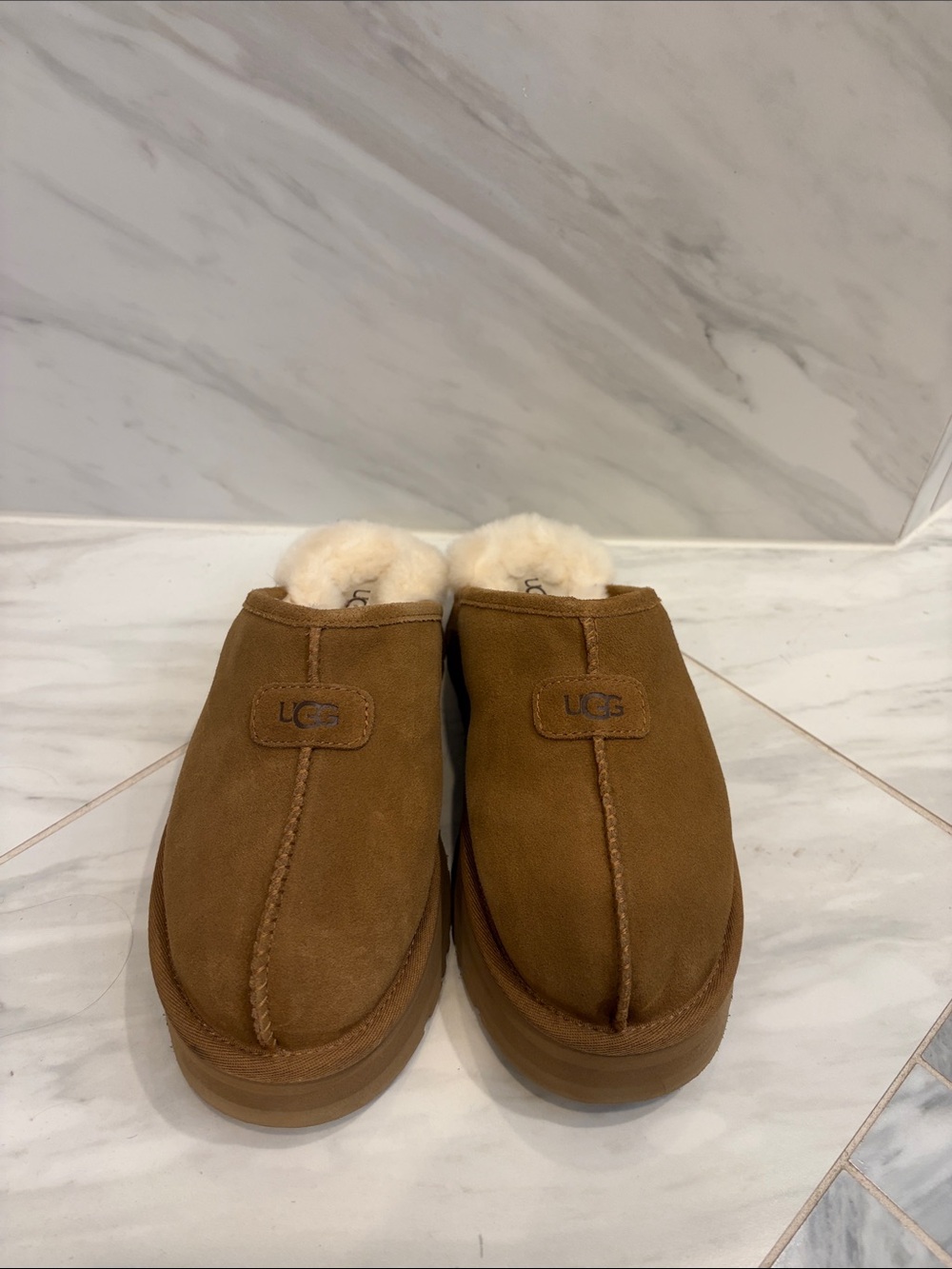 UGG Chestnut Suede Shearling Slip-On Mules